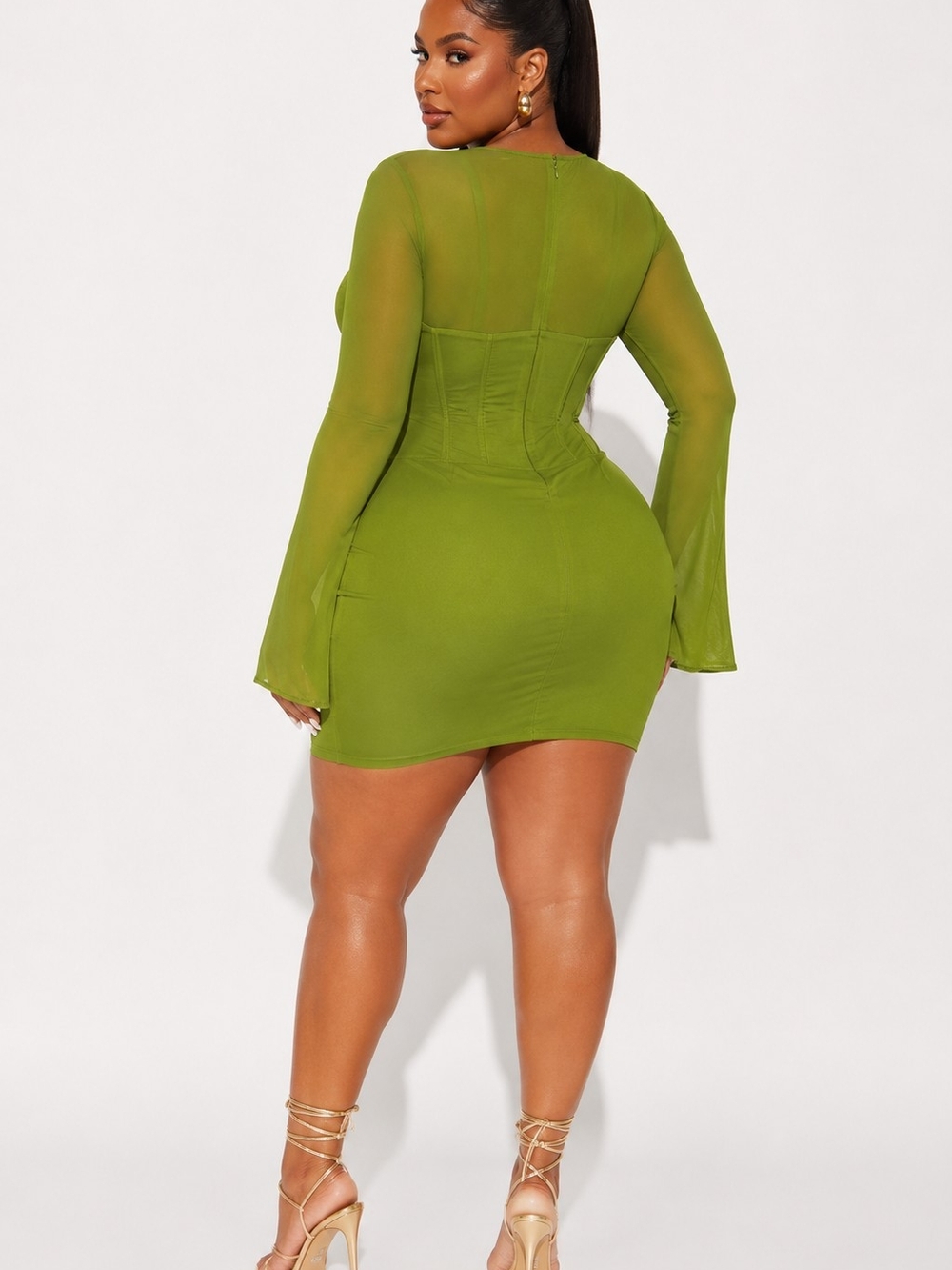 Fashion Nova Olive Green Ruched Bust Long Sleeve Mini Dress Size 1X. - Picture 3 of 6